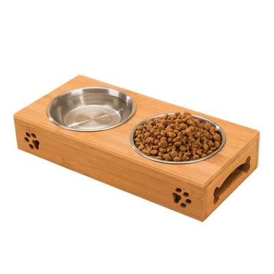 Linu Bamboo plate stainless steel double bowl dog cat pattern non-slip food bowl for pet feeding