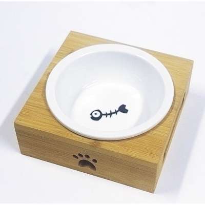 Linu Bamboo plate ceramic single bowl dog cat pattern non-slip food bowl for pet feeding