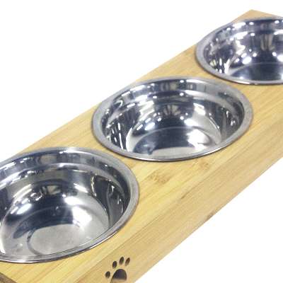 Linu Direct Factory Customized Bamboo Raised Stand Pet Feeder Elevated Cat Dog Feeder with 3 Stainless Steel Bowls